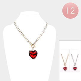 12PCS - Heart Stone Pendant Toggle Necklaces