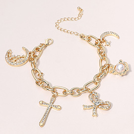 Stone Paved Crescent Cross Bow Pearl Charm Station Chain Bracelet