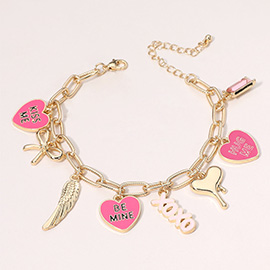 Enamel Heart KISS ME BE MINE HUG ME Message Metal Wing Bow Melting Heart Charm Station Textured Paperclip Chain Bracelet