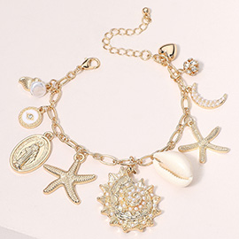 Pearl Paved Shell Crescent Metal Starfish Heart Evil Eye Virgin Mary Charm Station Bracelet