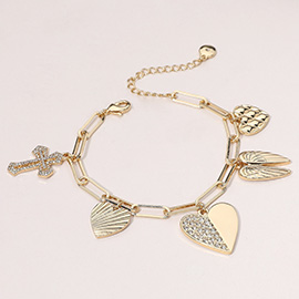 Stone Paved Cross Heart Wing Charm Station Paperclip Chain Bracelet