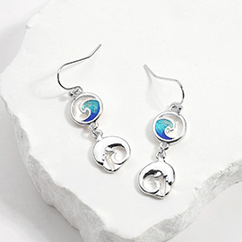 Enamel Wave Metal Dolphin Link Dangle Earrings