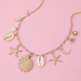 Pearl Paved Shell Crescent Metal Starfish Heart Evil Eye Virgin Mary Charm Station Necklace