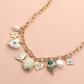 Oval Locket Flower Ceramic Heart Flower Metal Boot Pearl charm Station Chain Necklace