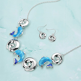 Enamel Dolphin Metal Wave Link Necklace