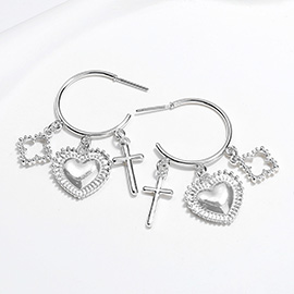 Metal Open Quatrefoil Cross Heart Charm Dangle Hoop Earrings