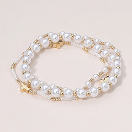 3PCS - Metal Cross Pointed Pearl Beaded Stretch Multi Layered Bracelets