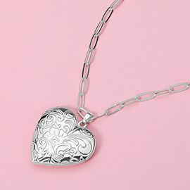 Textured Metal Heart Locket Pendant Paperclip Chain Necklace