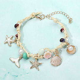 Enamel Starfish Whale Tale Sea Shell Pearl Shell Charm Ceramic Flower Pearl Beaded Raffia Bracelet