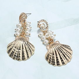 Pearl Embellished Metal Sea Shell Dangle Earrings