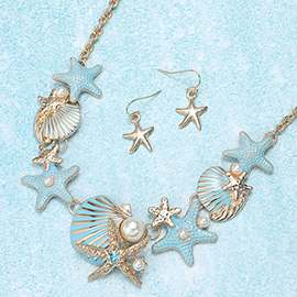 Enamel Pearl Pointed Sea Shell Starfish Link Necklace