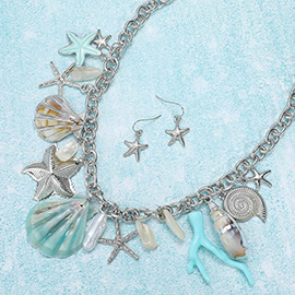 Chunky Sea Shell Starfish Pearl Miter Shell Charm Station Necklace