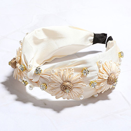 Stone Cluster Pearl Embellished Raffia Flower Pointed Satin Knot Headband