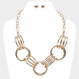 Abstract Triple Metal Wire Ring Link Statement Necklace