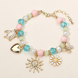 Enamel Turtle Flower Metal Heart Butterfly Sun Charm Beaded Bracelet