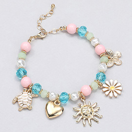 Enamel Turtle Flower Metal Heart Butterfly Sun Charm Beaded Bracelet