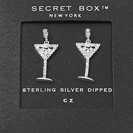 SECRET BOX_Sterling Silver Dipped CZ Stone Paved Cocktail Glass Dangle Earrings