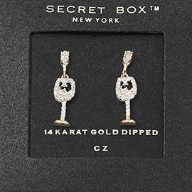 SECRET BOX_14K Gold Dipped CZ Stone Paved Wine Glass Dangle Earrings