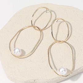 SECRET BOX_14K Gold Dipped Pearl Pointed Double Oval Hammered Wire Link Earrings