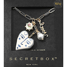 SECRET BOX_14K Gold Dipped Ceramic Face Printed Heart Flower Printed Ball Pearl Metal LOVE Message Charm Paperclip Chain Necklace