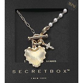 SECRET BOX_14K Gold Dipped Heart Stone Paved Cross Charm Half Pearl Chain Toggle Necklace