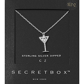 SECRET BOX_Sterling Silver Dipped CZ Stone Paved Cocktail Glass Pendant Necklace