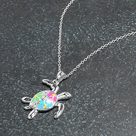 Enamel Flower Turtle Pendant Necklace