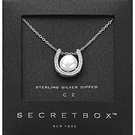 SECRET BOX_14K Gold Dipped CZ Stone Paved Horseshoe Pearl Pendant Necklace