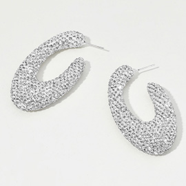 Sterling Silver Post Rhinestone Studded Oval Hoop Earrings