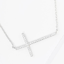 White Gold Dipped CZ Stone Paved Cross Pendant Necklace