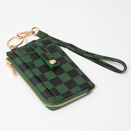 Faux Leather Checkered Flat Card Holder Wallet with Wristlet