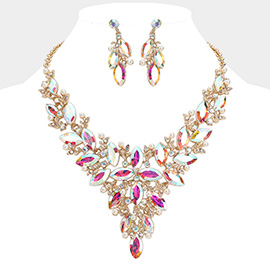 Marquise Glass Stone Cluster Pearl Embellished Vine Evening Necklace