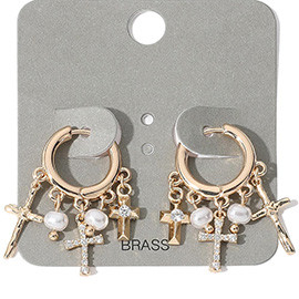 Stone Embellished Cross Pearl Charm Dangle Huggie Hoop Earrings