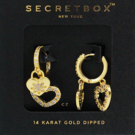 SECRET BOX_14K Gold Dipped CZ Stone Paved Heart Dangle Huggie Hoop Earrings