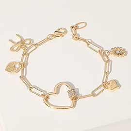 Stone Paved Heart Carabiner Pointed Metal Bow Flower Heart Lock Charm Station Paperclip Chain Bracelet