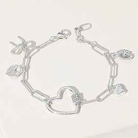 Stone Paved Heart Carabiner Pointed Metal Bow Flower Heart Lock Charm Station Paperclip Chain Bracelet