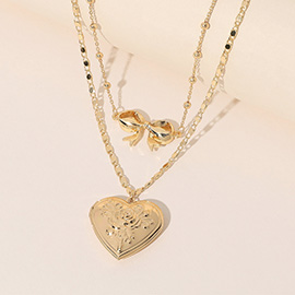 Heart Locket Bow Pendant Layered Necklace