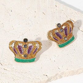 Glittered Enamel Mardi Gras Crown Stud Earrings