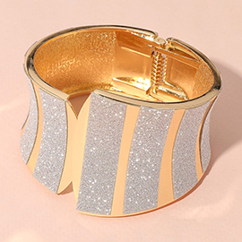 Gold Plated Sparkle Abstract Wide Hinged Bangle Bracelet