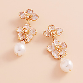 Double Colored Metal Flower Link Pearl Dangle Earrings