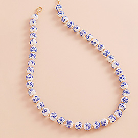 Blue Floral Patterned Ceramic Ball Beaded Necklace