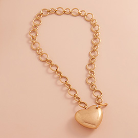 Brushed Metal Puffy Heart Pendant Chunky Toggle Necklace