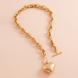 Brushed Metal Puffy Heart Pendant Chunky Toggle Necklace