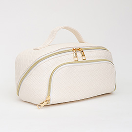 Woven Detailed Solid Tote Bag / Travel Cosmetic Bag