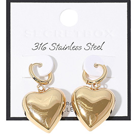 SECRET BOX_Stainless Steel Puffy Heart Dangle Huggie Hoop Earrings