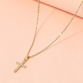 SECRET BOX_Stainless Steel Stone Paved Cross Pendant Necklace