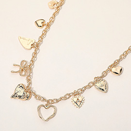 Textured Metal Heart Rope Bow Charm Station Necklace