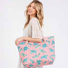 Hand Drawn Sea Turtle Pattern Printed Beach Tote Bag