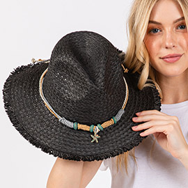 Frayed Straw Sun Hat with Braided Starfish Band