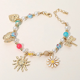 Metal Sun Butterfly Heart Dragonfly Enamel Flower Charm Beaded Bracelet